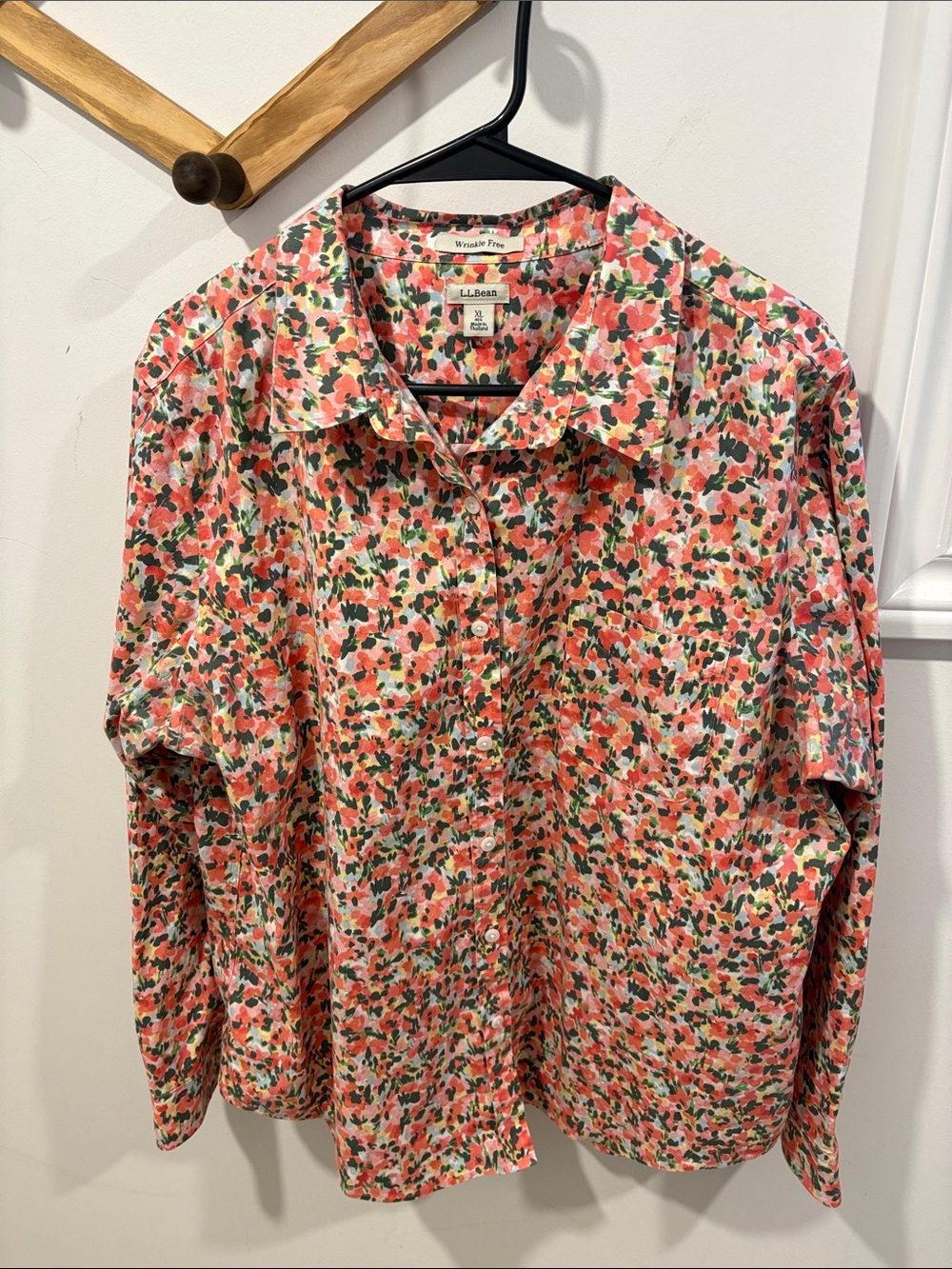 L.L Bean Women's Wrinkle-Free Pinpoint Oxford Shirt in a coral floral print